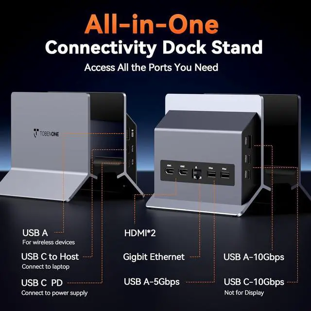Alt view image 2 of 7 - TobenONE Laptop Docking Station Dual Monitor 4K@60Hz with 2 HDMI Ports, 100W Power Supply, Dual HDMI USB C Docking Station Stand for Windows, ChromeOS, 6 USB, Ethernet