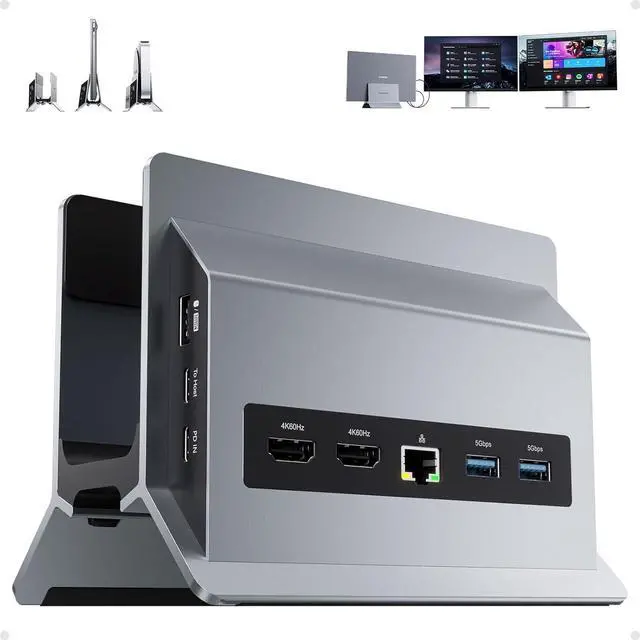 Main image of 11 in 1 USB C Docking Station Dual Monitor, Vertical Laptop Dock Stand with 2 x HDMI 4K 60Hz, 3 x USB A/C 10Gbps, 2 x USB A 5Gbps, USB A 2.0, Ethernet, PD3.0 Docking Station for Type-C Laptops