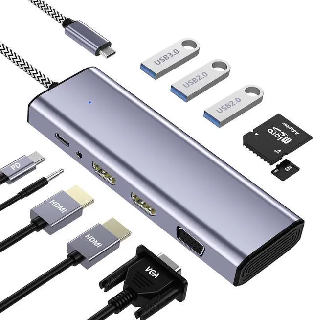 Main image of Docking Station Dual Monitor, USB C Docking Station Dual Monitor, USB C to Dual HDMI Adapter, Dual Monitor Adapter, USB C Hub 10 in 1 Docking Station 3 Monitors with HDMI/VGA/PD/USB/SD/TF/3.5mm Audio