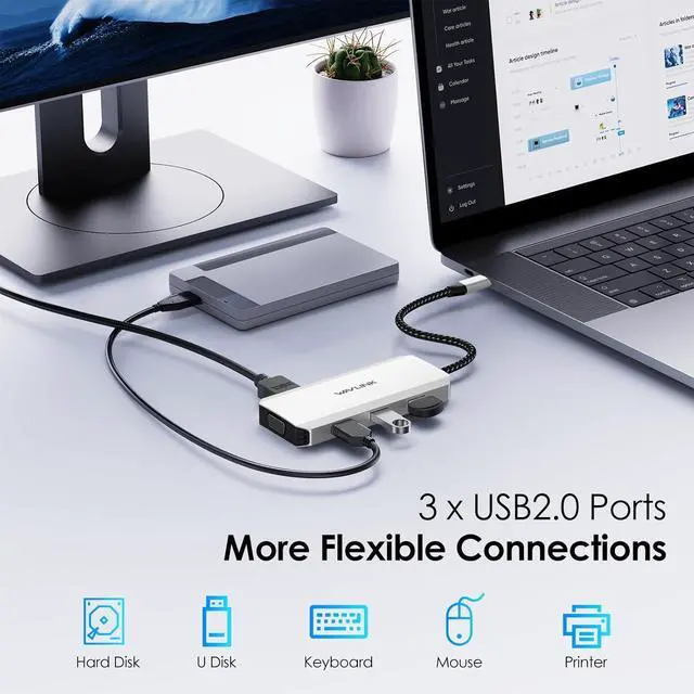 Alt view image 6 of 7 - USB-C Dual HDMI Adapter 4K@60Hz, 7-in-1 Laptop Docking Station with 2xHDMI, 1xDisplayPort, VGA, USB-C HDMI Splitter for 4 Displays, 3xUSB 2.0, Multiple Monitor Hub for MacBook//HP/Lenovo