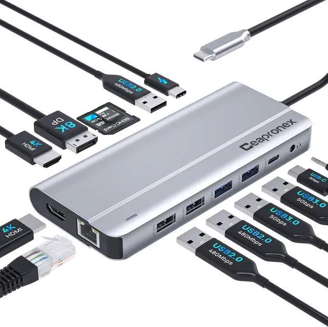 Main image of USB C Laptop Docking Station Dual Monitor 14 in 1 Triple Display USB C Hub Multiport Adapter for MacBook/Dell/HP/Lenovo with Dual HDMI 4K, DP 4K, PD Charger, RJ45, 6 USB Ports, SD/TF, Mic/Audio