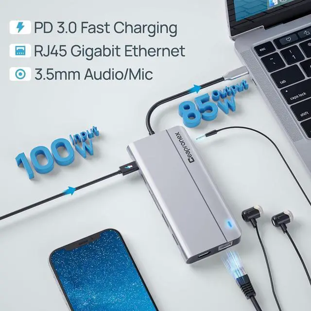 Alt view image 5 of 7 - USB C Laptop Docking Station Dual Monitor 14 in 1 Triple Display USB C Hub Multiport Adapter for MacBook/Dell/HP/Lenovo with Dual HDMI 4K, DP 4K, PD Charger, RJ45, 6 USB Ports, SD/TF, Mic/Audio