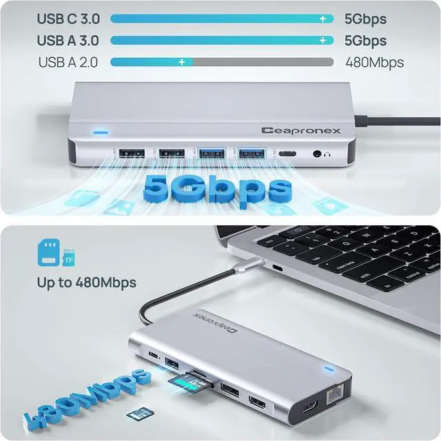 Alt view image 6 of 7 - USB C Laptop Docking Station Dual Monitor 14 in 1 Triple Display USB C Hub Multiport Adapter for MacBook/Dell/HP/Lenovo with Dual HDMI 4K, DP 4K, PD Charger, RJ45, 6 USB Ports, SD/TF, Mic/Audio