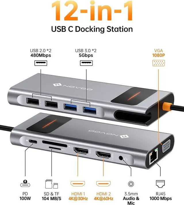 Alt view image 2 of 7 - 12 in 1 USB C Docking Station - Dual Monitor, Triple Display, NOVOO USB C Hub Multiport Adapter - for MacBook, , HP, , Surface