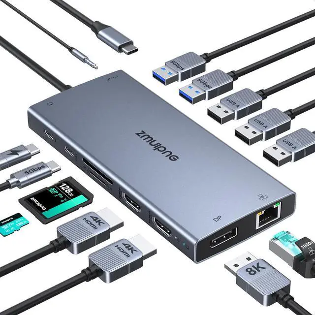 Main image of USB C Laptop Docking Station with 2 HDMI 4K@60Hz+DP 8K@30Hz for Dell HP Thinkpad Surface, 15 in 1 USB C Hub Triple Display Multiple Adapter, Dongle with USB A Port+Button+PD+Ethernet+SD/TF+Audio