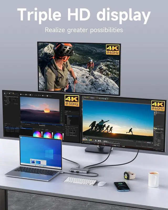 Alt view image 3 of 7 - USB C Docking Station, 7 in 1 Docking Station 3 Monitors with Dual HDMI 4K@60Hz & Single DisplayPort (8K@30Hz/ 4K@144Hz), 100W PD, 10Gbps 3USB, USB C Hub Compatible with HP//Lenovo and More