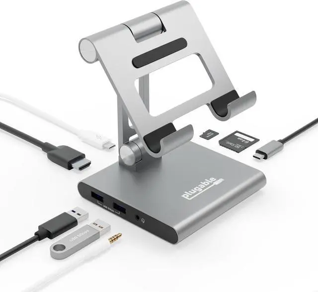 Main image of Plugable 8-in-1 USB C Hub for iPad with Stand, 100W Pass-Through Charging, USB C Docking Station for iPad, 1x HDMI, 2X USB, Audio, SD, Driverless, Compatible with Windows, iPadOS, Phones, Tablets