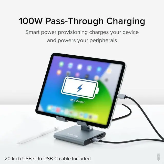 Alt view image 4 of 7 - Plugable 8-in-1 USB C Hub for iPad with Stand, 100W Pass-Through Charging, USB C Docking Station for iPad, 1x HDMI, 2X USB, Audio, SD, Driverless, Compatible with Windows, iPadOS, Phones, Tablets