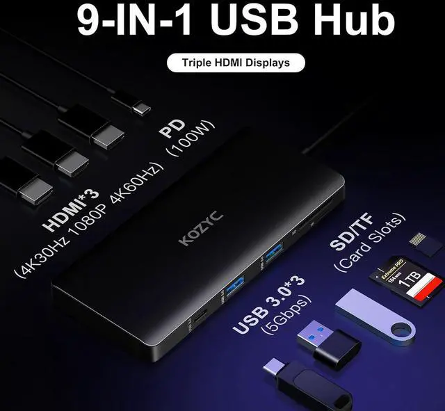 Alt view image 2 of 7 - USB C Docking Station 3 Monitors Compatible with Mac/Windows, KOZYC Triple Display Docking Station with 3xHDMI(4k60Hz/30Hz+1080p), 3xUSB 3.0, SD/TF, 100W PD with HDMI Splitter Extend Display 3 Monitor