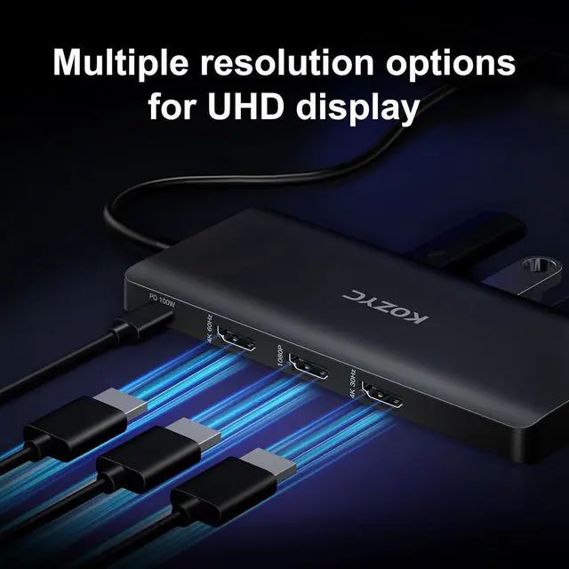 Alt view image 4 of 7 - USB C Docking Station 3 Monitors Compatible with Mac/Windows, KOZYC Triple Display Docking Station with 3xHDMI(4k60Hz/30Hz+1080p), 3xUSB 3.0, SD/TF, 100W PD with HDMI Splitter Extend Display 3 Monitor
