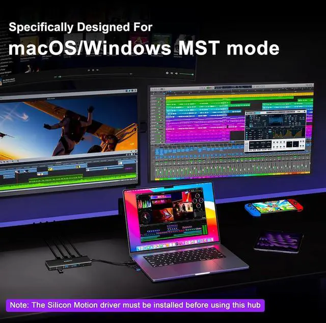 Alt view image 3 of 7 - USB C Docking Station 3 Monitors Compatible with Mac/Windows, KOZYC Triple Display Docking Station with 3xHDMI(4k60Hz/30Hz+1080p), 3xUSB 3.0, SD/TF, 100W PD with HDMI Splitter Extend Display 3 Monitor