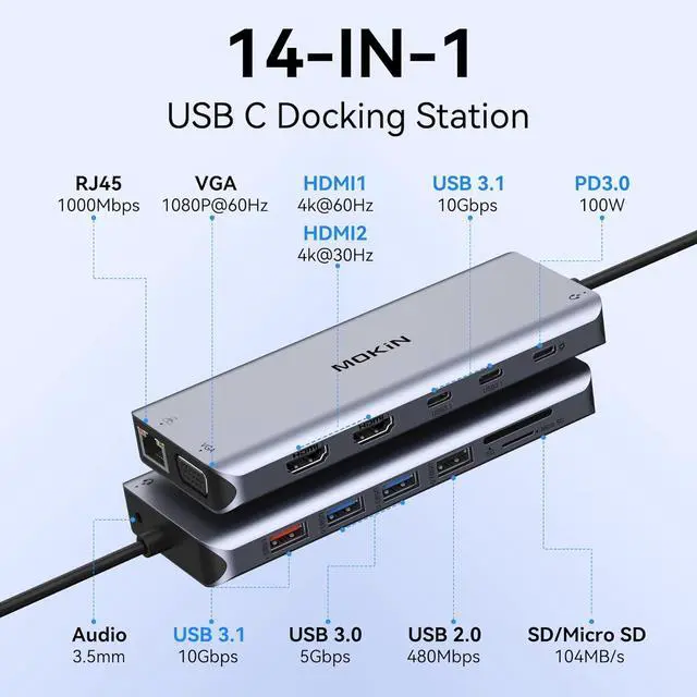 Alt view image 2 of 7 - USB C Laptop Docking Station Dual Monitor, 14 in 1 USB C Hub Multiport Adapter with 2 HDMI 4K, VGA, RJ45 Ethernet, 10 Gbps USB C/A, 100W PD, SD/TF, 3.5MM Audio&Mic for Dell HP Lenovo Surface