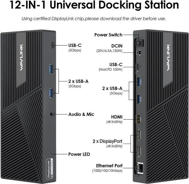 Alt view image 2 of 7 - USB C Docking Station 3 Monitors with 130W Power Delivery, 12-in-1 DisplayLink Dock with Triple Monitors (2*DP, HDMI, 4*Type-A, Type-C, RJ45, Mic/Audio) for Mac Windows