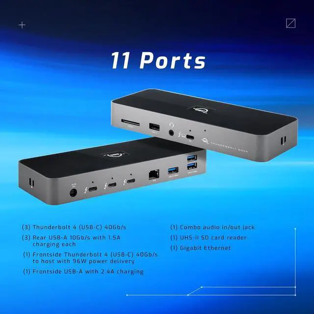 Alt view image 7 of 7 - OWC 11-Port Thunderbolt Dock, 96W Charging, Single 8K Display or Dual 5K displays, 3 x Thunderbolt, 4 x USB, GbE, SD, Compatbile M1/M2 Macs, Thunderbolt 3 Macs, Thunderbolt 4 PCs, and USB-C Devices