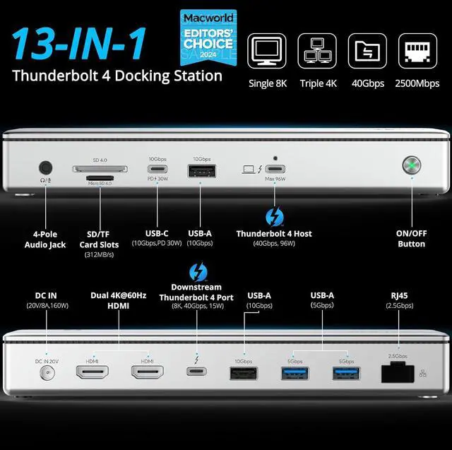 Alt view image 2 of 7 - Thunderbolt 4 Hub with Dual HDMI 4K@60Hz,100W Charging, Thunderbolt Certified, 13-in-1 Thunderbolt 4 Dock Dual Monitor Single 8K Output for Windows or Mac, 4X USB, 2.5G Ethernet,SD/MicroSD