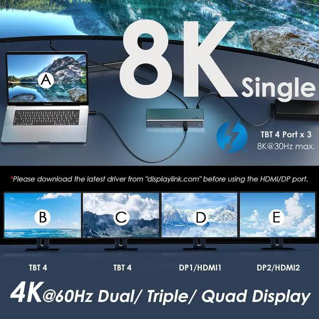 Alt view image 4 of 7 - WAVLINK Thunderbolt 4 Dock with 100W Charging, Displaylink Docking Station Quad 4K@60Hz Monitors,3 Thunderbolt 4 Ports, 2.5G Ethernet, USB C Docking Station for Mac and PC,Displaylink Driver Required