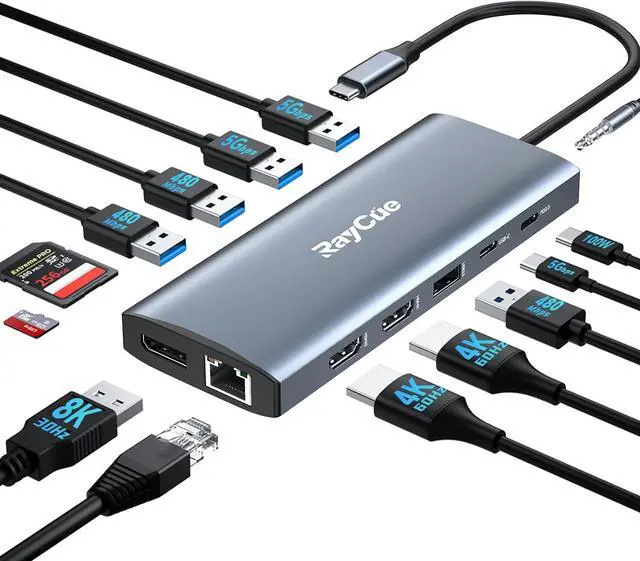 Main image of 14 in 1 Triple 4K Display USB C Docking Station, Single DisplayPort Up to 8K@30Hz/ 4K@144Hz/ 4k@120Hz, USB C Hub Multiport Adapter Dongle with 2 HDMI, 7 USB Ports, 100W PD, Ethernet, Audio