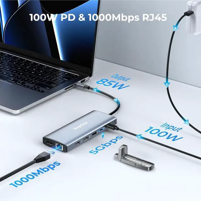 Alt view image 6 of 7 - 14 in 1 Triple 4K Display USB C Docking Station, Single DisplayPort Up to 8K@30Hz/ 4K@144Hz/ 4k@120Hz, USB C Hub Multiport Adapter Dongle with 2 HDMI, 7 USB Ports, 100W PD, Ethernet, Audio