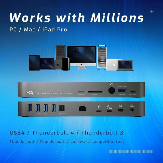 Alt view image 2 of 4 - OWC 14-Port Thunderbolt Dock, 85W charging, (2) Thunderbolt 40 Gb/s (USB-C), (5) USB 3.2 Type-A, USB 3.2 (10Gb/s) Type-C, Mini DisplayPort, GbE, Audio, Single 5K or Dual 4K Displays, cable, For Mac/PC