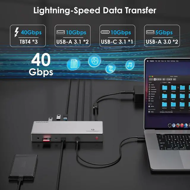 Alt view image 6 of 7 - WAVLINK Thunderbolt 4 Docking Station, Single 8K or Dual 4K Display for MacBook Pro/Air Thunderbolt 4/3, 98W PD, USB-C/USB 4 Windows(4xTBT 4, 4xUSB-A, USB-C, 2.5G Ethernet, SD, Audio, DC Port)