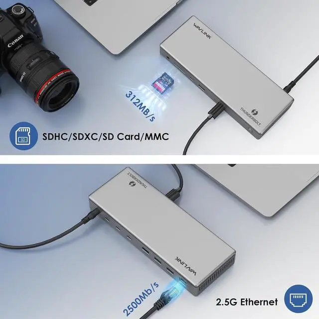 Alt view image 7 of 7 - WAVLINK Thunderbolt 4 Docking Station, Single 8K or Dual 4K Display for MacBook Pro/Air Thunderbolt 4/3, 98W PD, USB-C/USB 4 Windows(4xTBT 4, 4xUSB-A, USB-C, 2.5G Ethernet, SD, Audio, DC Port)