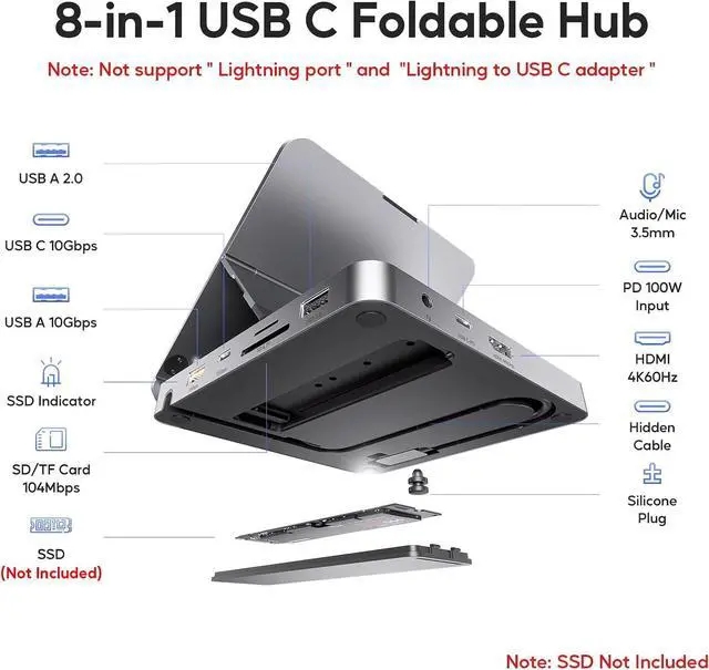 Alt view image 2 of 7 - iPad Docking Station, 4K@60Hz HDMI, 100W PD Aluminum Hub with SSD Enclosure, Stand Dock for iPad Pro/iPad Mini 6th Gen, No Lightning Port