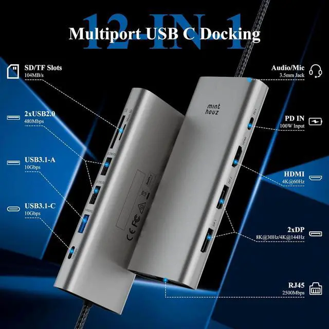Alt view image 2 of 7 - Minthouz USB C Docking Station,12-in-1 Laptop Docking Station Dual Monitor with Dual 8k DisplayPort+4k HDMI+10Gbps, 3 USB A/C, 100W PD, Ethernet, SD/TF, Audio, USB C Hub for MacBook/Dell/HP/Surface