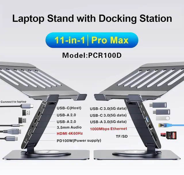 Alt view image 2 of 7 - Laptop Docking Station for MacBook Pro/Air/Dell/HP/Surface HC 11-in-1 USB C Hub 360°Rotatable Laptop Stand with USB Hub 4K HDMI USB 3.0 PD100W 3.5mm Audio Jack RJ 45 TF/SD Reader Universal Laptop Dock