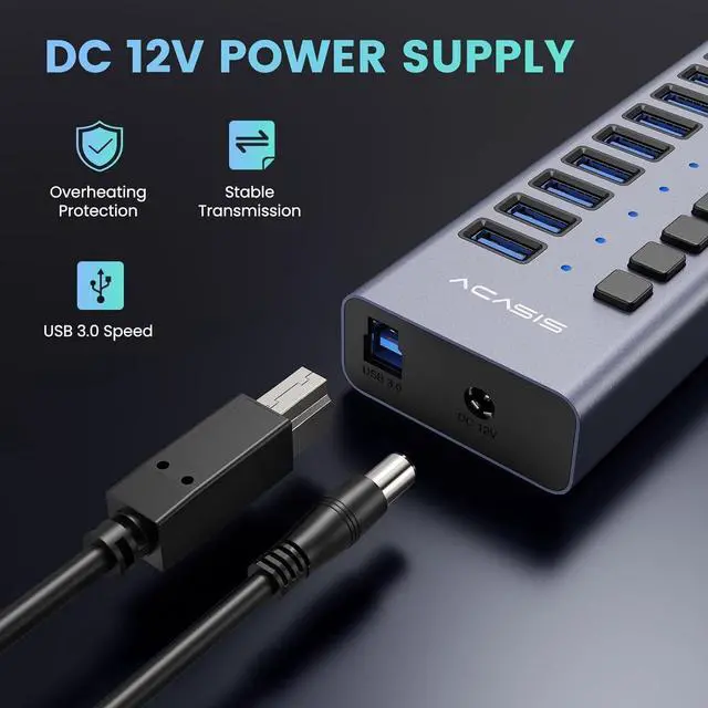 Alt view image 4 of 7 - 90W Powered USB Hub - ACASIS 16 Ports USB 3.0 Data Port, Aluminum Housing, Individual On/Off Switches, 12V/7.5A Power Adapter, USB Splitter for Laptop, PC, Computer, Printer