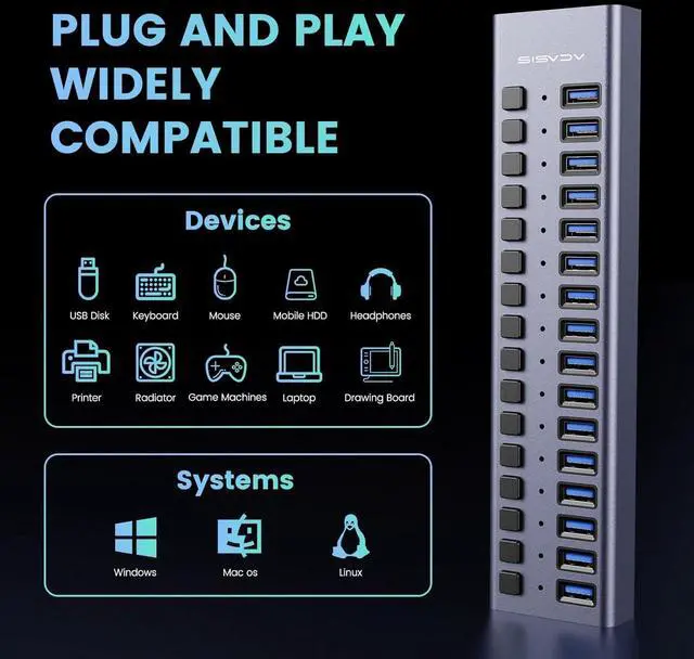 Alt view image 6 of 7 - 90W Powered USB Hub - ACASIS 16 Ports USB 3.0 Data Port, Aluminum Housing, Individual On/Off Switches, 12V/7.5A Power Adapter, USB Splitter for Laptop, PC, Computer, Printer