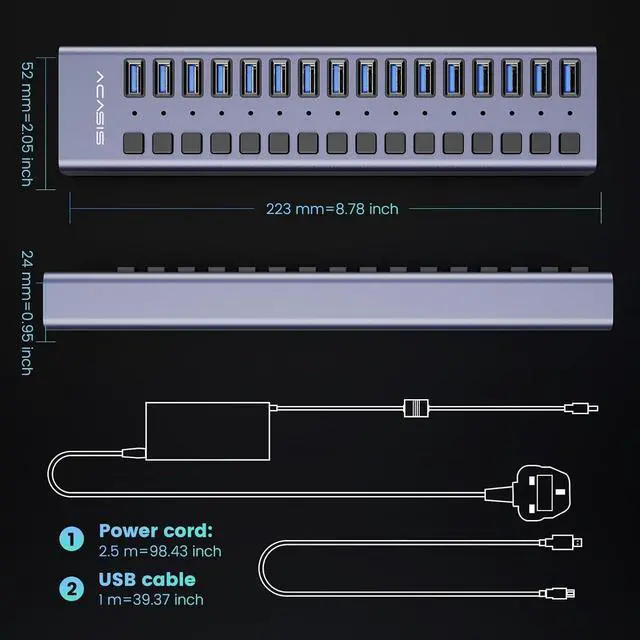 Alt view image 7 of 7 - 90W Powered USB Hub - ACASIS 16 Ports USB 3.0 Data Port, Aluminum Housing, Individual On/Off Switches, 12V/7.5A Power Adapter, USB Splitter for Laptop, PC, Computer, Printer