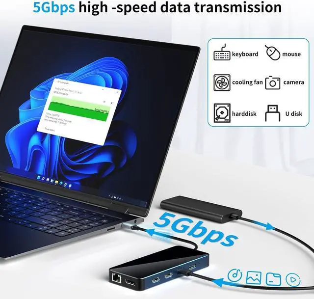 Alt view image 3 of 7 - 12 in 1 USB-C Docking Station Triple Display USB C Hub Multiple Adapter with 2 HDMI+DP,4 USB 3.0/2.0 Ports,SD/TF Card Reader,100W PD, Ethernet, Audio, USB C Dongle for MacBook/Dell/HP/Surface