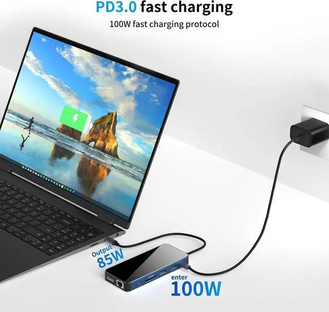 Alt view image 4 of 7 - 12 in 1 USB-C Docking Station Triple Display USB C Hub Multiple Adapter with 2 HDMI+DP,4 USB 3.0/2.0 Ports,SD/TF Card Reader,100W PD, Ethernet, Audio, USB C Dongle for MacBook/Dell/HP/Surface