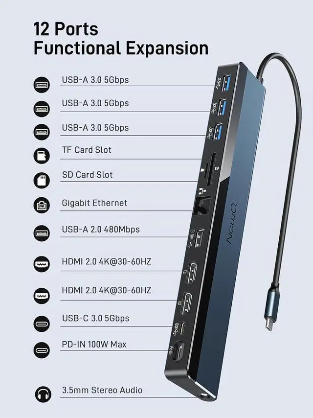 Alt view image 2 of 7 - USB C Docking Station Dual Monitor, with Dual HDMI 4K@30~60Hz, USB-A, USB-C, PD-in 100W, SD/TF Slot, Gigabit Ethernet, 3.5mm Audio, Dock for MacBook, Windows, Chromebook