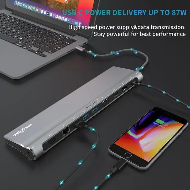 Alt view image 6 of 7 - USB C Docking Station Dual Monitor 12 in 1 Laptop Docking Station 3 Monitor 4K Display with HDMI, DP, VGA, USB 3.0, 100w PD, 1000Mbps LAN, TF/SD, Audio, USB C Dock Compatible with Windows Laptop