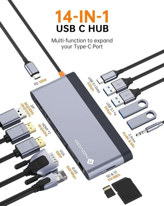 Alt view image 2 of 7 - USB C Docking Station Dual Monitor for Dell HP Triple 4K Display Single 8K@30Hz/4K@60Hz USB C Hub Multiport Adapter 14 in 1 with 2HDMI DP VGA USB-C 3.0 5USB RJ45 PD SD/TF for MacBook Lenovo/iPhone 15
