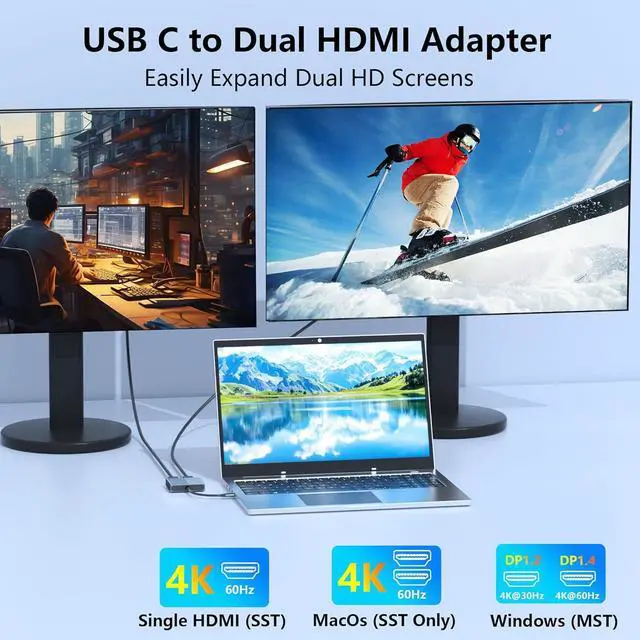 Alt view image 2 of 7 - Dual HDMI Adapter for 2 Monitors, Dual 4K@60Hz HDMI Splitter for Dual Monitors, Dual Monitor Adapter, HDMI Splitter Extended Display, USB C Laptop Docking Station Dual Monitor for Dell/Mac/HP/Lenovo