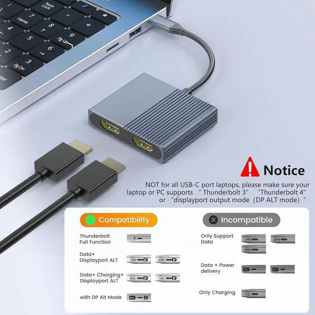 Alt view image 6 of 7 - Dual HDMI Adapter for 2 Monitors, Dual 4K@60Hz HDMI Splitter for Dual Monitors, Dual Monitor Adapter, HDMI Splitter Extended Display, USB C Laptop Docking Station Dual Monitor for Dell/Mac/HP/Lenovo