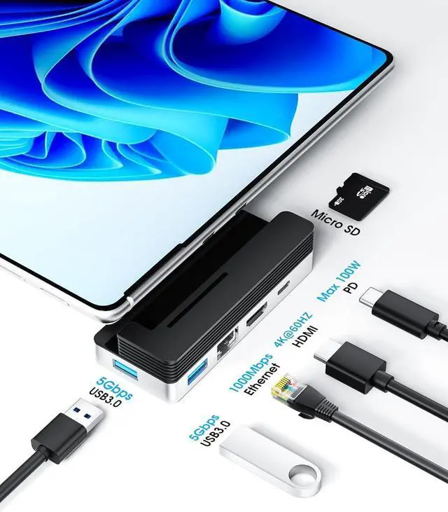 Alt view image 2 of 7 - BYEASY Surface Pro 9 Docking Station, 6-in-2 USB-C Hub with 4K@60Hz HDMI, 100W PD Charging, 1000M Ethernet LAN, 2 USB 3.0 Ports, and TF Card Reader - Designed for Surface Pro 9