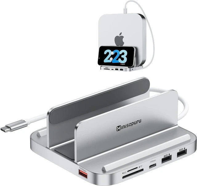 Mac Gyver GEWOKLIY Mac Mini M4 Hub, Aluminium Mac Mini Dock Und Ständer Für Mac Mini M4 Und M4 Pro 2024 Mit M.2 NVMe SSD-Gehäuse, Dual-USB-A 10 Gbit/s, SD/ TF-Kartenleser, USB 2.0 Mac