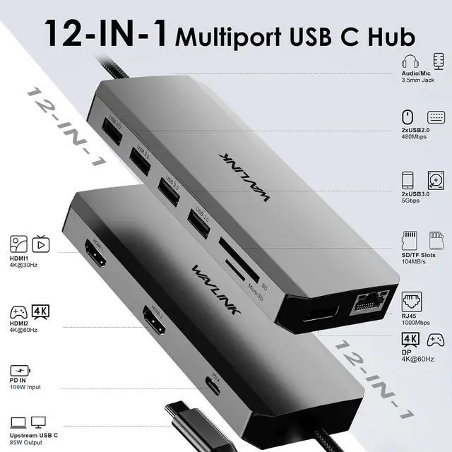 Alt view image 2 of 7 - WAVLINK USB C Docking Station Dual Monitor, USB-C Hub Laptop Triple Display with 2 HDMI,DisplayPort, 100W PD Charging, Ethernet, 5 USB, SD/TF Read, Audio for MacBook  HP Lenovo Surface, Grey