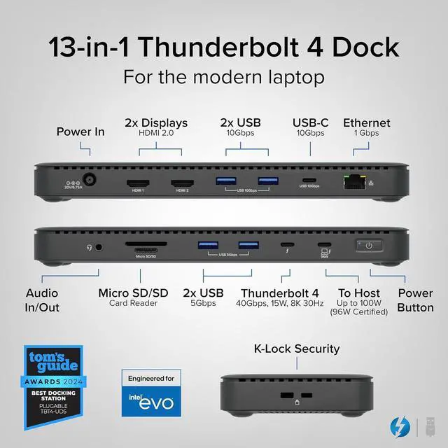 Alt view image 2 of 7 - Plugable Thunderbolt 4 Dock with 100W Charging, Thunderbolt Certified, Laptop Docking Station Dual Monitor Single 8K or Dual 4K HDMI for Windows and Mac, 4X USB, Gigabit Ethernet (TBT4-UD5)