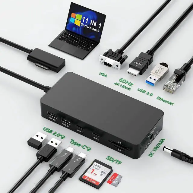 Main image of Microsoft Surface Dock Dual Display 4K HDMI+VGA, 11 in 1 Surface Docking Station with Power Supply for Microsoft Surface Pro 10/9/8/X/7/6/5/4/3, Laptop 6/5/4/3/2/1,Laptop Go 3/2/1,Surface Book 3/2/1