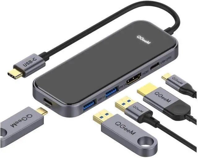 Main image of QGeeM USB C Hub 5 in 1 Multi-Port Digital AV Adapter 4K HDMI, 100W Power Delivery, 3 USB-A Data Ports, USB C Dongle for MacBook Pro/Air, iPad Pro, iMac, iPhone 15 Pro/Pro Max, XPS, Thinkpad -Black