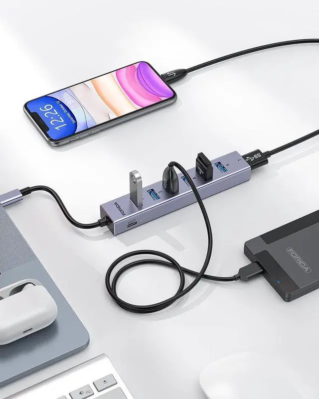 Alt view image 7 of 7 - USB C to USB Hub 8 Ports USB 3.0 Adapter with 7 USB 3.0 Data Ports Aluminum Alloy Shell USB Splitter with USB C 5V/3A Power Port for Laptop PC and More