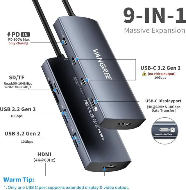 Alt view image 2 of 7 - USB C Video Output Hub, 3 USB-C & 2 USB-A 3.2 10Gbps Ports, 4K@60Hz HDMI, 100W PD, SD/TF, USBC Splitter Dual Monitor Adapter for MacBook Pro/Air, iMac, iPad Pro, XPS, Surface, Galaxy S22, Samsung DEX