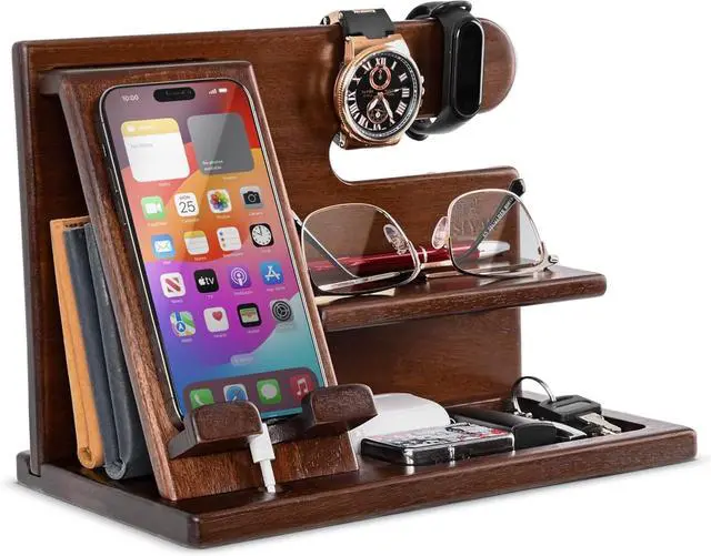 Main image of TESLYAR Wood Phone Docking Station for Men - Desktop or Nightstand Organizer - Birthday Gifts for Men, Dad - Anniversary Idea from Wife - Key Holder, Stand Wallet, Watch & Essentials (Nut Brown)