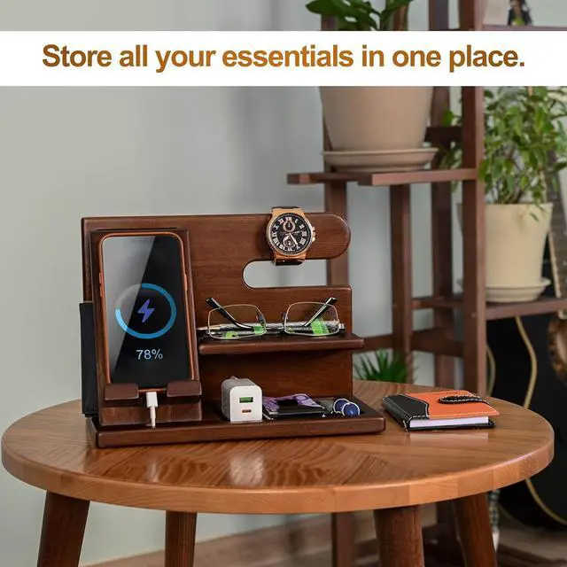 Alt view image 3 of 7 - TESLYAR Wood Phone Docking Station for Men - Desktop or Nightstand Organizer - Birthday Gifts for Men, Dad - Anniversary Idea from Wife - Key Holder, Stand Wallet, Watch & Essentials (Nut Brown)