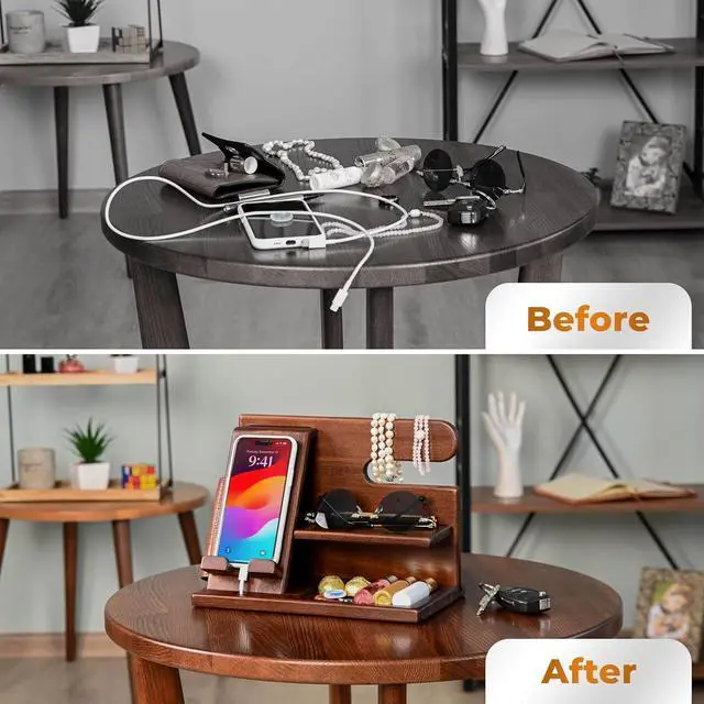 Alt view image 2 of 7 - TESLYAR Wood Phone Docking Station for Men - Desktop or Nightstand Organizer - Birthday Gifts for Men, Dad - Anniversary Idea from Wife - Key Holder, Stand Wallet, Watch & Essentials (Nut Brown)