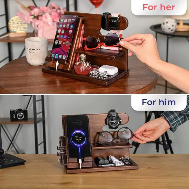 Alt view image 4 of 7 - TESLYAR Wood Phone Docking Station for Men - Desktop or Nightstand Organizer - Birthday Gifts for Men, Dad - Anniversary Idea from Wife - Key Holder, Stand Wallet, Watch & Essentials (Nut Brown)